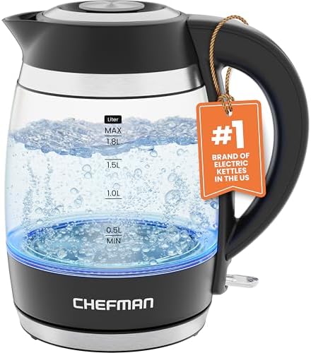 Chefman Electric Kettle, 1.8L 1500W, Hot Water Boiler, Removable Lid for Easy Cleaning, Auto Shut Off, Boil-Dry Protection, Stainless Steel Filter, BPA Free, Borosilicate Glass Electric Tea Kettle by Chefman