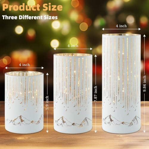 Starry Night Hurricane Candleholders with Warm LED Lights & Remote Timer, Elegant Twinkling Decorative Centerpieces for Wedding, Dining Table, Living Room, Mantel Décor, Set of 3 (White) - Image 2