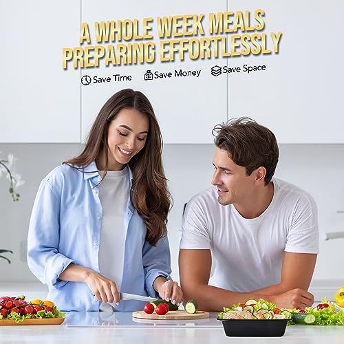 100-Piece (50-Pack) 34 OZ Meal Prep Containers Reusable with Lids, Sturdy Leakproof & Food Safe, Microwave, Freezer, Dishwasher Safe To Go Food Containers, Plastic Take Out Containers, Black - Image 3