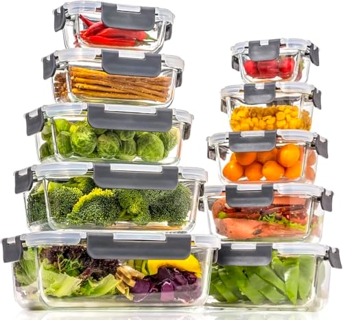 coccot Glass Food Storage Containers with Lids Airtight, Glass Meal Prep Containers for Lunch Food, Container Set, Easy to Open& Close/Microwave,Oven,Freezer,Dishwasher Safe/Leak-Proof（20 Pieces） by coccot
