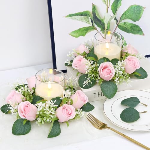 Pink Rose Candle Rings with Flameless Candles Sets - 12PCS Artificial Flower Eucalyptus Wedding Centerpiece 3 Inch Pillar Candleholders Wreaths for Wedding Party Decor (Pink - 6 Sets) - Image 4