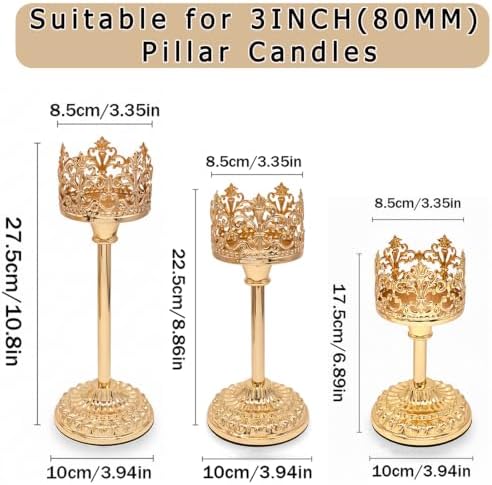 Candle Holder for Pillar Candle Set of 3, Gold Vintage Tall Candleholders for 3 Inch Pillars, Rustic Candle Stand for Fireplace Mantle Shelf Table Home Decor - Image 5