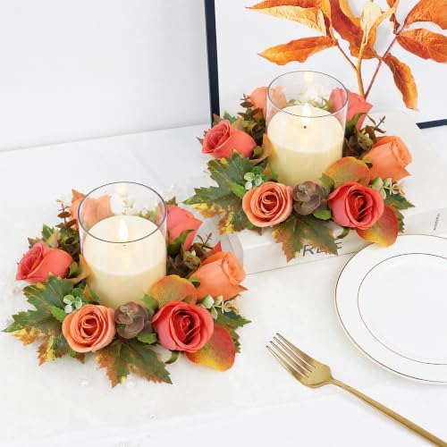 Terracotta Rose Candle Rings with Flameless Candles Sets - 12PCS Artificial Flower Eucalyptus Fall Candle Wreath 3 Inch Fall Candle Rings Wreaths for Autumn Candle Rings (Terracotta - 6 Sets) - Image 2
