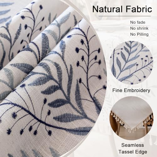 Joyfol Day Rustic Waterproof Linen Tablecloth, Heavy Weight Fern Embroidery Table Cloths for Rectangle Tables, Farmhouse Spill-Proof Table Covers with Tassels, Blue 55''x 70'' - Image 4
