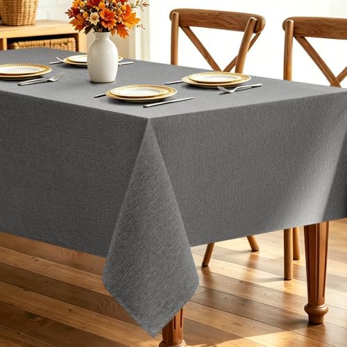 Decorelia Faux Linen Farmhouse Table Cloth 60"x84" for 4-6 ft Rectangle Table, Dark Grey Waterproof Outdoor Washable Cloth Tablecloth for Rectangular Dining Room Kitchen Outdoor Party Restaurant Decor by Decorelia