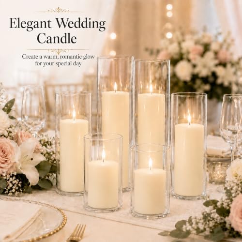 Set of 12 Pillar Candles with Clear Glass Hurricane Holders- Elegant Cylinder Candle Vases for Weddings, Parties, Centerpieces, Home & Office Decor - Image 5