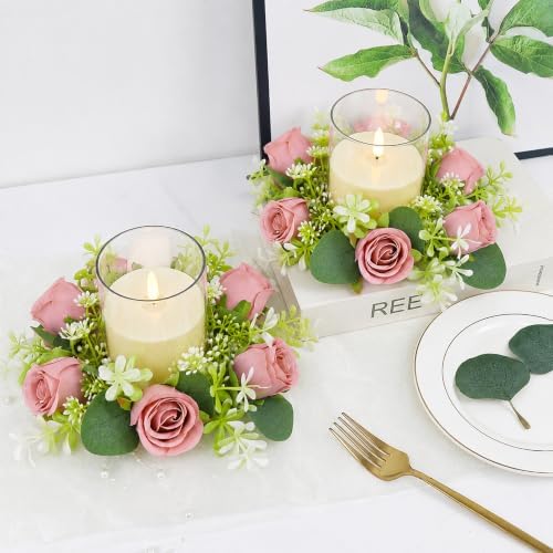 Dusty Pink Rose Candle Rings with Flameless Candles Sets - 12PCS Artificial Flower Eucalyptus Wedding Centerpiece 3 Inch Pillar Candleholders Wreaths for Wedding Party Decor (6 Sets) - Image 2
