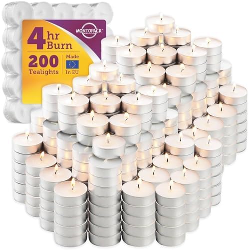MontoPack Unscented Tea Light Candles 200 Pack | 4 Hours, White, Smokeless, Dripless Small Votive Paraffin Tealights | Long-Lasting for Home, Shabbat, Weddings, Events, Emergencies | Mini Candles Bulk by MontoPack