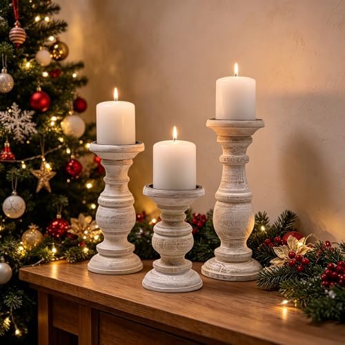 Hosley Set of 3 Whitewashed Wooden Pillar Candle Holders – 10”, 8”, and 6” Heights – Ideal for LED and Pillar Candles, Weddings, Parties, Home Décor, Spa, Reiki, and Aromatherapy - Image 4