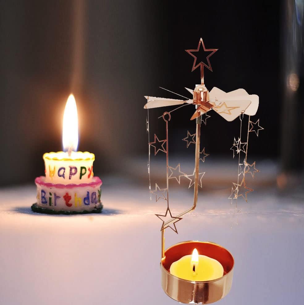 kingnero Rotary Candle Holder Spinning Candleholder Tea Light Candle Powered Carousel Small Gift (Rose Gold Star) - Image 2