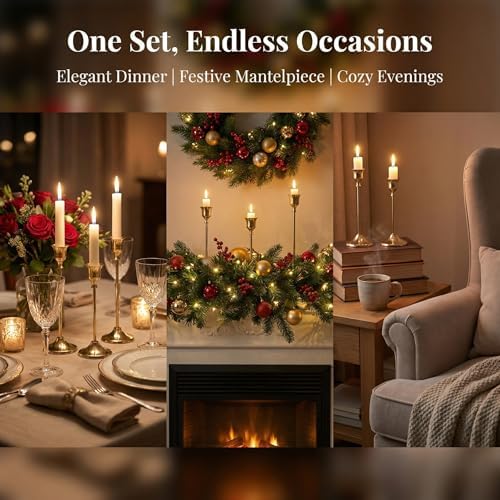 Set of 3 Brass Tapered Candle Holder,Candlestick Tall Metal Candlestick Holders for Table Centerpiece Home Decor for Wedding Fireplace Mantel Housewarming Gift Fits 3/4 Inch Thick Candles - Image 4