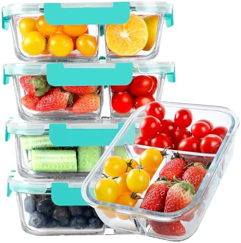 KOMUEE Glass Meal Prep Containers 3 Compartments, 5 Pack 36 oz, Green by KOMUEEUS