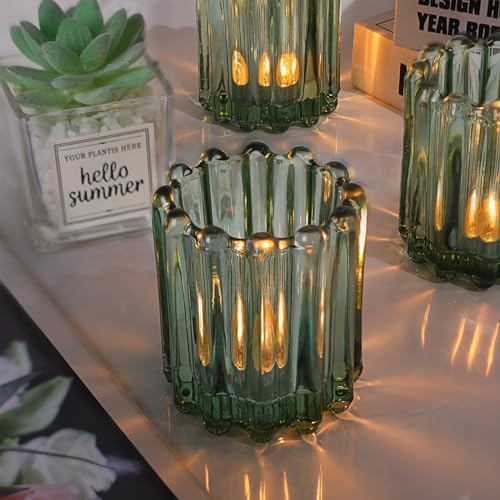 12PCS Glass Green Votive Candle Holder, Ribbed Tea Light Candles Holders - Image 3
