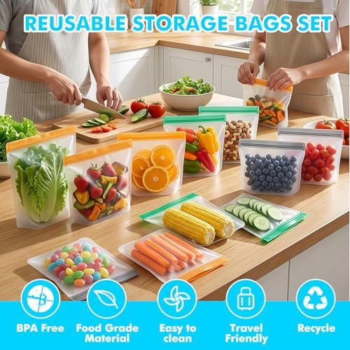 10 Pack Reusable Silicone Food Storage Bags Reusable Freezer Bags Green - Image 2