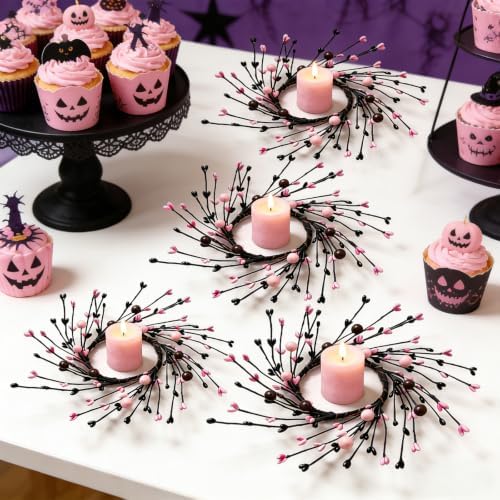 4 Pcs Pink Halloween Mini Candle Ring Wreaths Black Twig & Pink Buds with Bead Accents Artificial Pillar Candle Holder Wreath for Spooky Cute Gothic Home Cabinet Table Porch Decoration - Image 3
