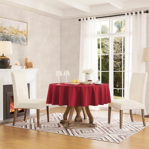 Veblandy Faux Linen Round Tablecloth 60 inch, Table Cloth Wrinkle Free Decorative Fabric Waterproof Table Cover for Dining/Party/Buffet/Wedding, Red - Image 4