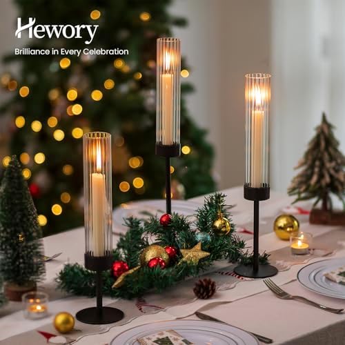 Hewory Black Taper Candle Holders: Candlestick Holders Set of 3 Hurricane Glass Tall Candle Holder for Candlesticks Candle Sticks Holder Decor for Table Centerpiece Wedding Party Christmas Decorations - Image 2