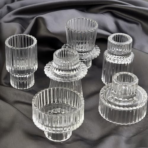 Clear Candlestick Holders 12PCS Ribbed Glass Taper Candle Holders for Tealight Stick Candles Table Centerpieces Thanksgiving Christmas Indoor and Outdoor Decorations - Image 7