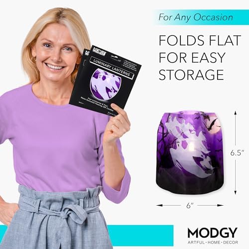 MODGY Luminary Lanterns Candle Holder Decorative Indoor Outdoor Decor, Lanterns for Wedding Centerpiece Decoration Outside Patio, with Flameless Floating LED Candles, Boo! Pack of 2 - Image 6