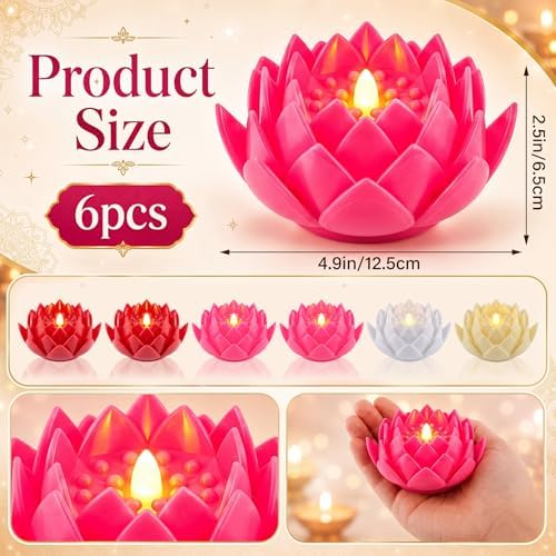 VIHOSE 6 Pcs Diwali Lotus Flower Lights, Battery LED Flameless Lights - Image 2