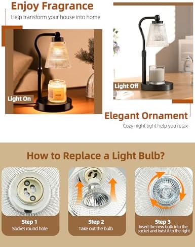 Candle Warmer Lamp for Jar Candles, Height Adjustable & Dimmable with 2/4/8H Timer, 2*50W Halogen Wax Melter Warmer for Home Office Décor, Flameless & Smokeless, Gift for Women Mom, Black-Gold/2 Pack - Image 7