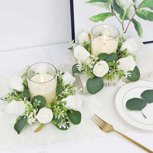 White Rose Candle Rings with Flameless Candles Sets - 24PCS Artificial Flower Eucalyptus Wedding Centerpiece 3 Inch Pillar Candleholders Wreaths for Wedding Party Decor (White - 12 Sets) - Image 5
