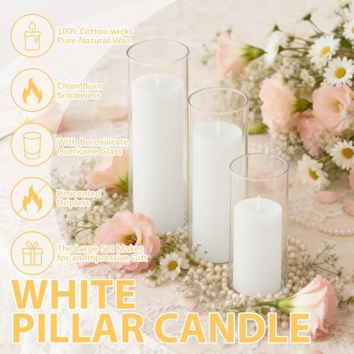 12-Pack White Pillar Candles (2''X3,4,6) & 12-Pack Glass Cylinder Vases(2.6''X5,6,8),Hurricane Candles,Wedding Centerpiece Decor Set-Mixed Heights for Table, Proposal, Event. - Image 5
