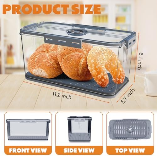 Honbuty 2PCS Bread Boxes,Bread Box for Kitchen Counter Airtight,Time Recording Bread Storage Container with Lid, Bread Keeper for Homemade Bread, Toast, Bagel, Donut and Cookies (Grey) - Image 2