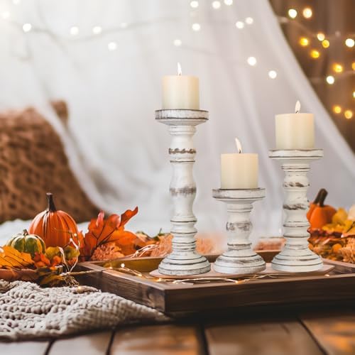 Candle Holder for Pillar Candle Set of 3, Farmhouse Wood Candle Holder, Rustic Wooden Candle Stand, Vintage Tall Candle Stand Decorative for Living Room, Table Centerpiece (Antique White) - Image 5