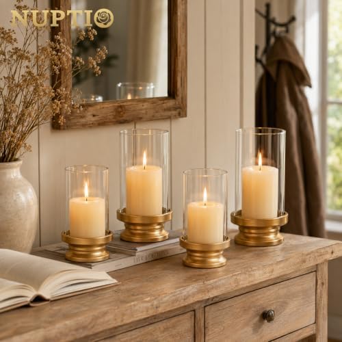 NUPTIO Hurricane Glass Candle Holders for Pillar - Matte Gold - Set of 2 - Image 2