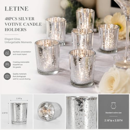 LETINE 48pcs Silver Votive Candle Holders –Glass Tea Light Candles Holder - Image 2