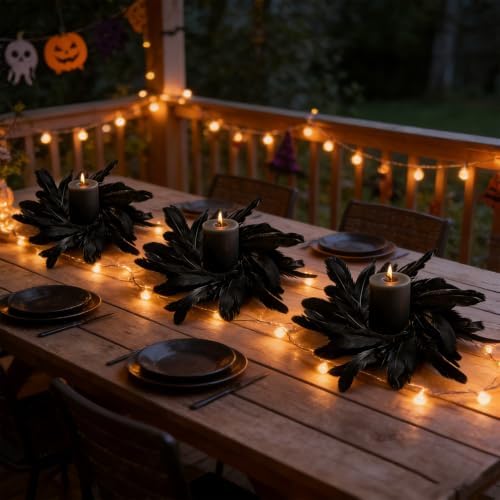 4 Pcs Black Crow Feather Halloween Mini Candle Ring Wreaths Gothic Black Feather Artificial Pillar Candle Holder Wreath for Spooky Dark Home Cabinet Table Porch Decoration - Image 7