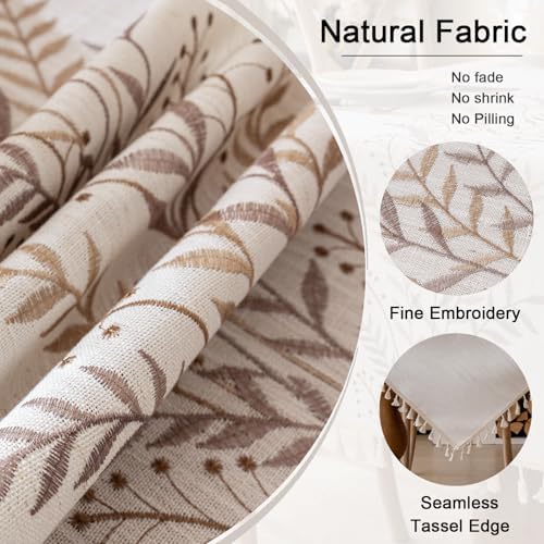 Joyfol Day Rustic Waterproof Linen Tablecloth, Heavy Weight Fern Embroidery Table Cloths for Rectangle Tables, Farmhouse Spill-Proof Table Covers with Tassels, Coffee 55''x 70'' - Image 4