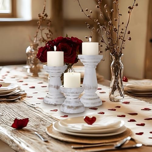 Candle Holder for Pillar Candle Set of 3, Farmhouse Wood Candle Holder, Rustic Wooden Candle Stand, Decorative Wood Candlestick Holders for Living Room, Table Centerpiece (RusticWhite) - Image 4