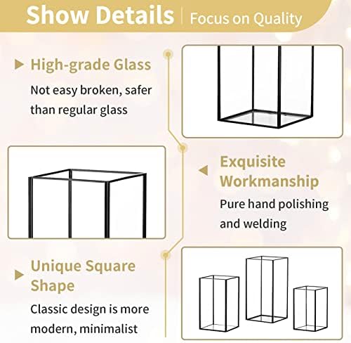 Nuptio Glass Candle Holders Hurricane Holder for Pillar Candles 18 Pcs Black Metal Candle Holders Large Rectangular Candleholder Vase Centerpieces Decoration for Wedding Party 9.5 & 8.1 & 6.5 inch - Image 6