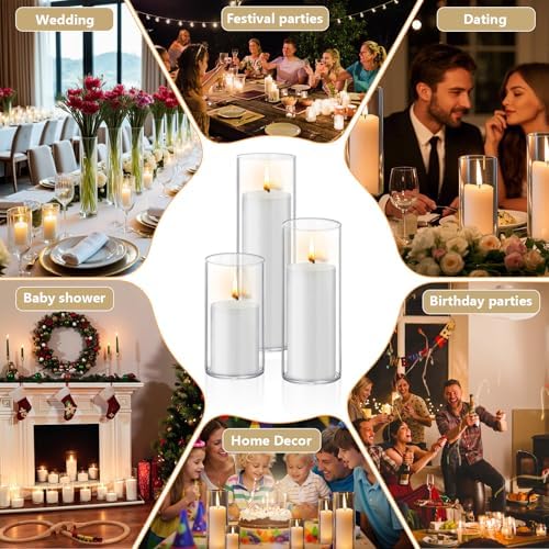 Homjoy 12 PCS White Pillar Candles with Glass Candle Holders Clear Hurricane Candle Holders Glass Cylinder Vases for Centerpieces Wedding Party, Event, Home Office (6 Candles+6 Candle Hoders) - Image 6