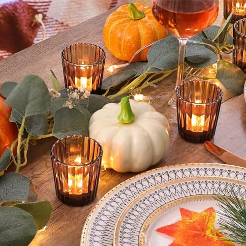 NITIME 24Pcs Vintage Ribbed Amber Votive Candle Holders, Fall Centerpieces for Tables, Tealight Candle Holder for Thanksgiving, Wedding Decor, Boho Home Decor and Christmas Decor - Image 3