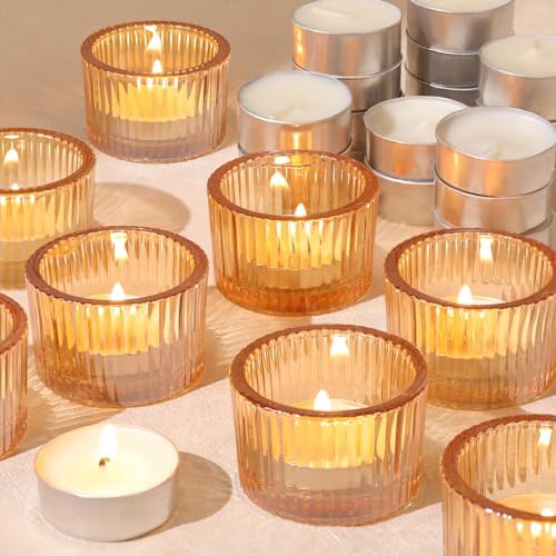 HAVITI 18 Pack Gold Tealight Candle Holders with Candles, Glass Votive Set by LOVELIGHTLOVELIFE