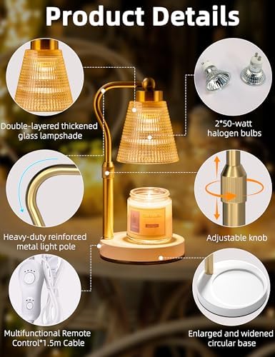 Candle Warmer Lamp for Jar Candles, Height Adjustable & Dimmable with 2/4/8H Timer, 2*50W Halogen Wax Melter Warmer for Home Office Décor, Flameless & Smokeless, Gift for Women Mom,Gold- Amber/1 Pack - Image 6