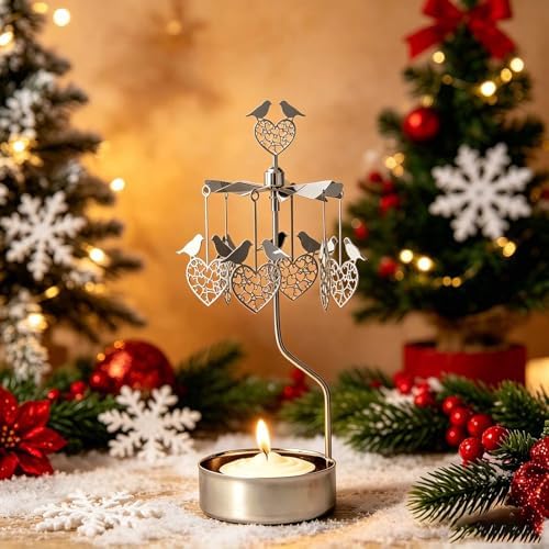 kingnero Rotary Candle Holder Spinning Candleholder Tea Light Candle Powered Carousel Small Gift (Heart&Bird) - Image 4