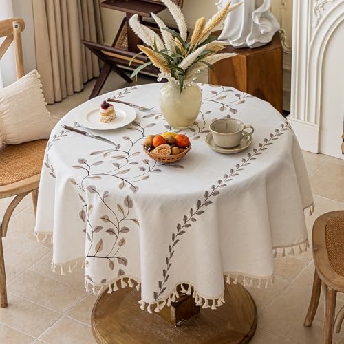 Joyfol Day Round Linen Tablecloth, Heavy Duty Waterproof Tablecloths, Farmhouse Embroidery Leaves Table Cloth with Tassels, Soft Wrinkle Free Table Cover, Coffee Vines, 55 inch by JoyfolDay
