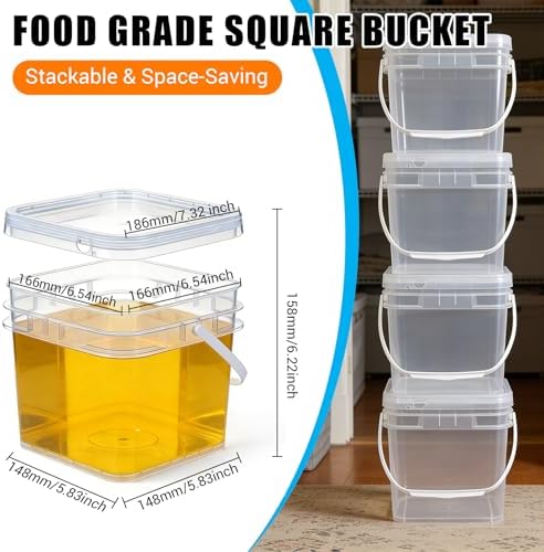Food Storage Buckets with Lids - 4 Set Square Clear Plastic Containers, Airtight Pressure Seal & Handle for Kitchen Freezer Prep (Clear, 0.8 gal) - Image 5