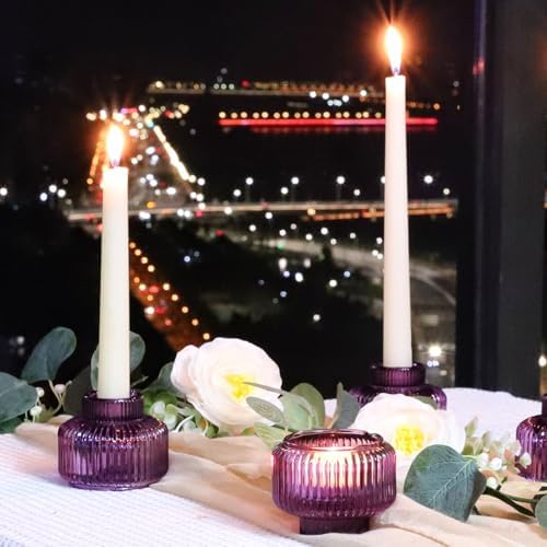 Woho Purple Candlestick Holders Set of 4 for Halloween Decorations, Ribbed Glass Taper Candle Holders for Thanksgiving/Christmas, Vintage Candle Sticks Holder Decor for Fall Wedding Table Centerpiece - Image 3