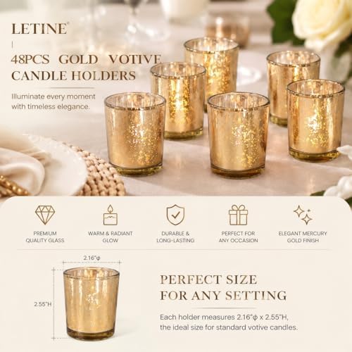 LETINE 48pcs Gold Votive Candle Holders – Glass Tea Light Candles Holder, Standard Votive Size for Regular Votive Candles – Bulk Candle Holder for Party Decorations, Bridal Shower, Holiday Decor - Image 2
