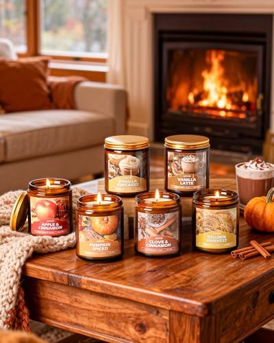 AOOVOO Fall Candles Set - 6 Pack Candles for Home Scented, 42 oz Natural Soy Wax 300 Hour Long Lasting, Fall Fragrance of Pumpkin/Apple Cinnamon/Clove/Vanilla Cupcake/Latte Cupcake/Wheat Vanilla - Image 2