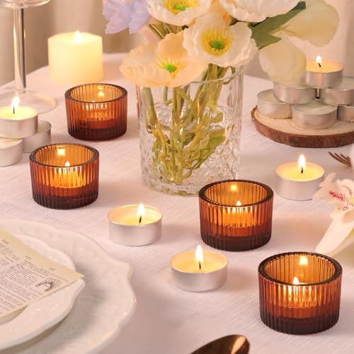18 Pack Amber Tealight Candle Holders with Candles, Glass Votive Holders - Image 5