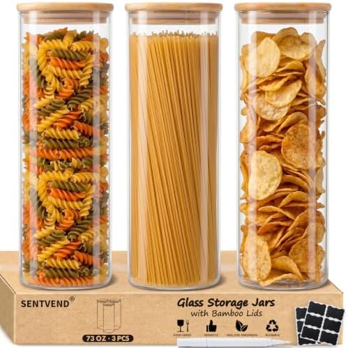 SENTVEND 73 Oz Glass Jars - 3 Pack Food Storage Containers with Lids Square by SENTVEND