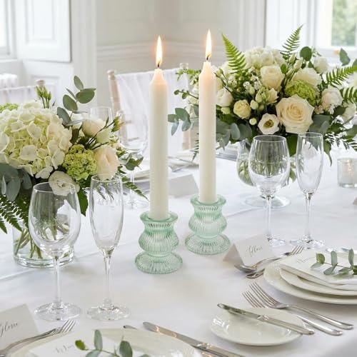 Green Glass Candle Holders 12 Pcs, Ribbed Taper Candle Holders Bulk, Vintage Candlestick Holders for Sage Green Wedding Centerpieces, Christmas Table Decor, Party & Easter Home Decor - Image 4