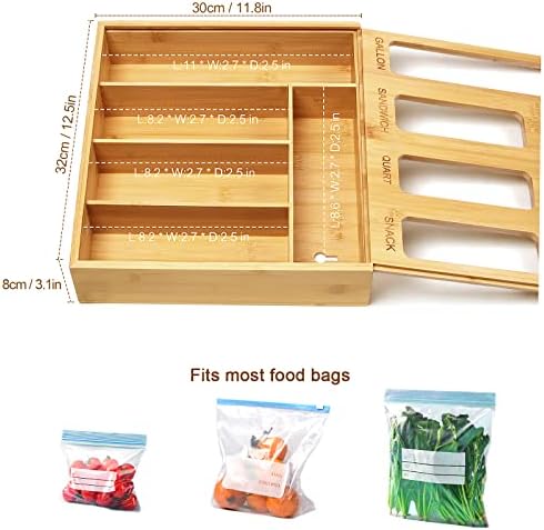 DUJEN Plastic Bag Organizer for Drawer, Bamboo Food Storage Bags Container Organizer with Slider, Baggie Bags Storage for Drawer Compatible with Gallon, Sandwich Variety Size Bags - Image 2