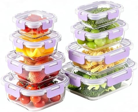 8 Pack Glass Food Storage Containers with Snap Locking Lids for Meal Prep by HOMBERKING